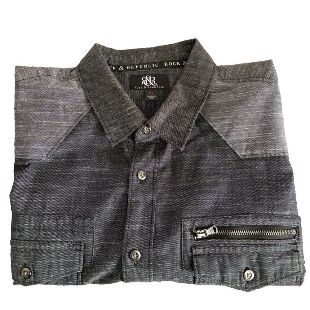 Rock & Republic Men's Shirt Gray Colorblock Long Roll Sleeve Button Up Sz XL